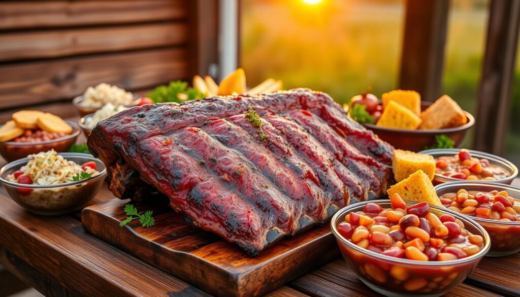 Serving grilled beef ribs with barbecue sides