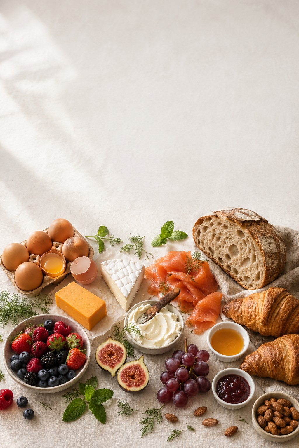 ingredients six brown eggs (two cracked open), a small block of cheddar and a wedge of brie, a bundle of smoked salmon loosely folded,