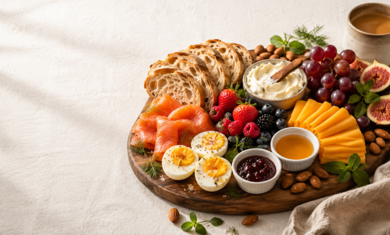 salmon, halved hard-boiled eggs seasoned with flaky salt, clusters of mixed berries and grapes, two small ceramic ramekins of jam and honey, sliced cheddar
